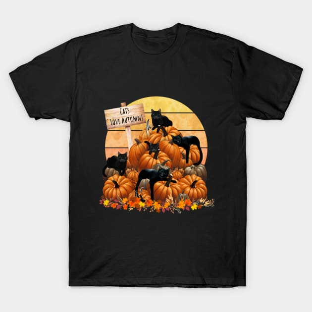 Black Cats in the Pumpkin Patch autumn with pumpkinsin and sunset, color autumn, cats love autumn T-Shirt by Collagedream